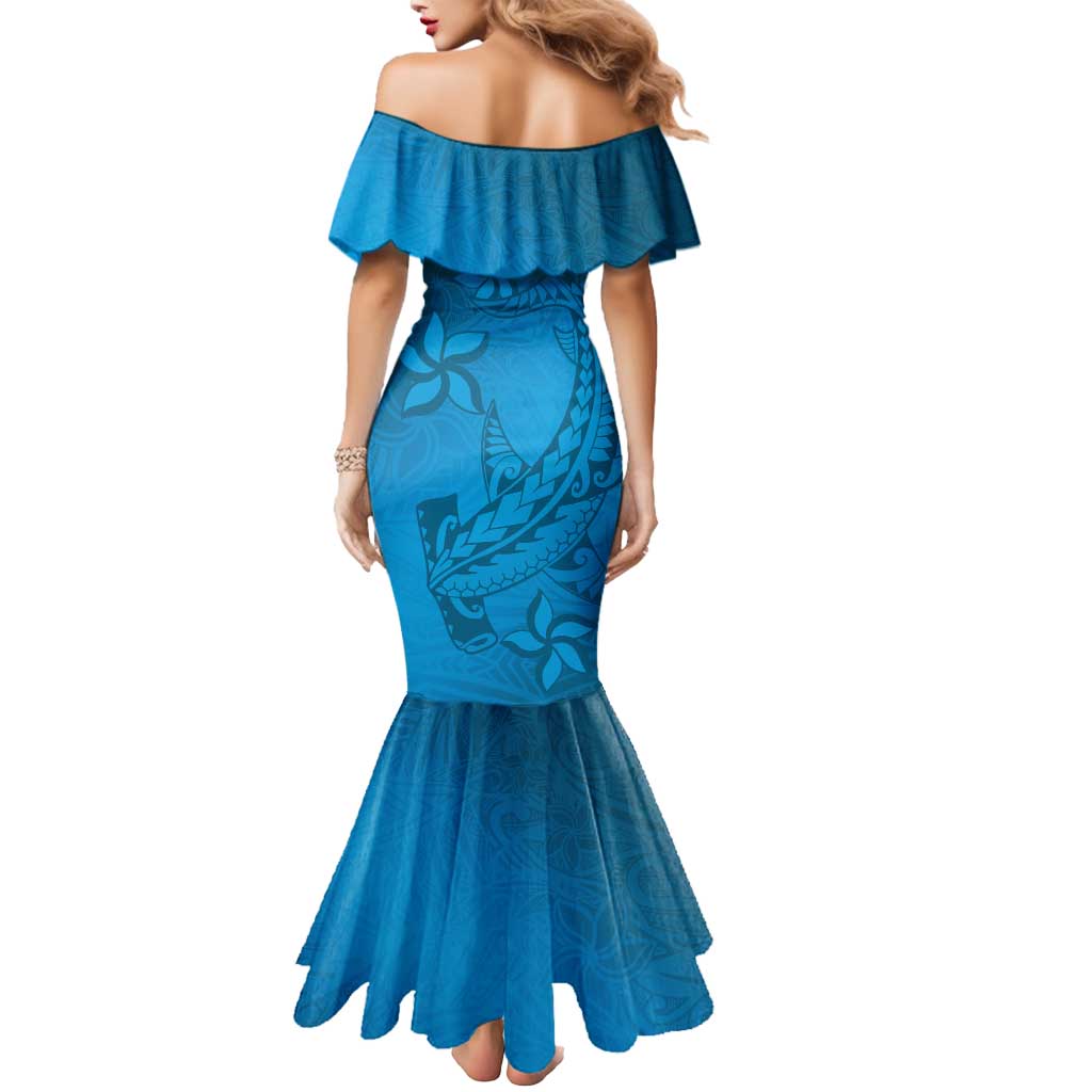 Blue Gradient Polynesia Mermaid Dress Hawaiian Tribal Hammerhead Shark Tattoo