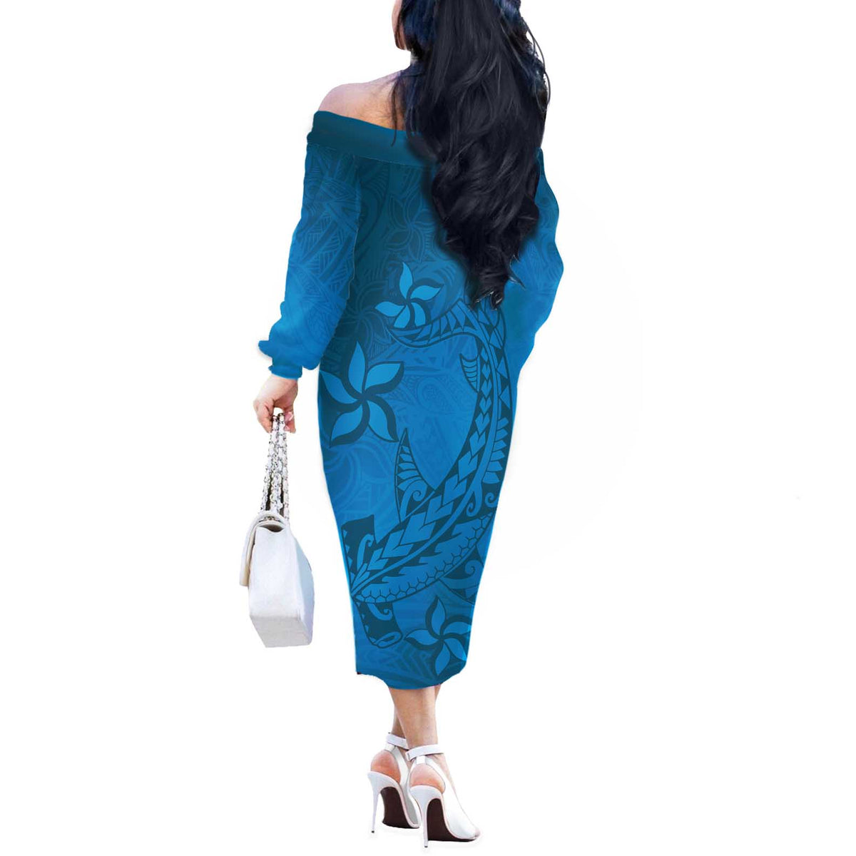 Blue Gradient Polynesia Off The Shoulder Long Sleeve Dress Hawaiian Tribal Hammerhead Shark Tattoo LT14 - Polynesian Pride