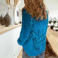 Blue Gradient Polynesia Women Casual Shirt Hawaiian Tribal Hammerhead Shark Tattoo