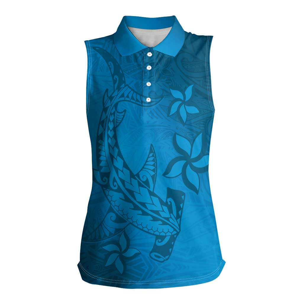 Blue Gradient Polynesia Women Sleeveless Polo Shirt Hawaiian Tribal Hammerhead Shark Tattoo