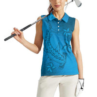 Blue Gradient Polynesia Women Sleeveless Polo Shirt Hawaiian Tribal Hammerhead Shark Tattoo