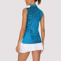 Blue Gradient Polynesia Women Sleeveless Polo Shirt Hawaiian Tribal Hammerhead Shark Tattoo