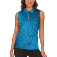 Blue Gradient Polynesia Women Sleeveless Polo Shirt Hawaiian Tribal Hammerhead Shark Tattoo