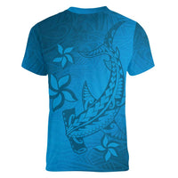 Blue Gradient Polynesia Women V-Neck T-Shirt Hawaiian Tribal Hammerhead Shark Tattoo