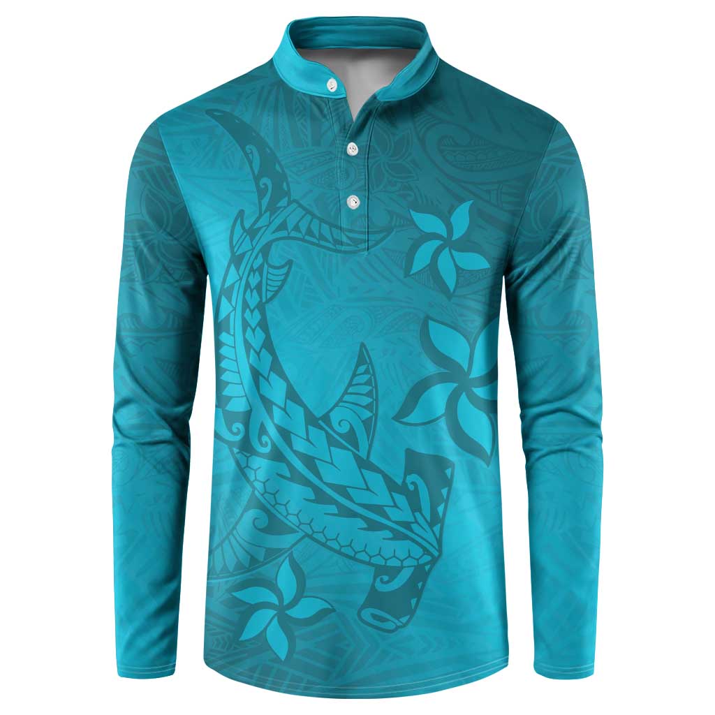 Dark Cyan Gradient Polynesia Button Sweatshirt Hawaiian Tribal Hammerhead Shark Tattoo