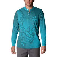 Dark Cyan Gradient Polynesia Button Sweatshirt Hawaiian Tribal Hammerhead Shark Tattoo