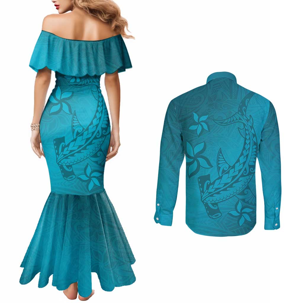 Dark Cyan Gradient Polynesia Couples Matching Mermaid Dress and Long Sleeve Button Shirt Hawaiian Tribal Hammerhead Shark Tattoo