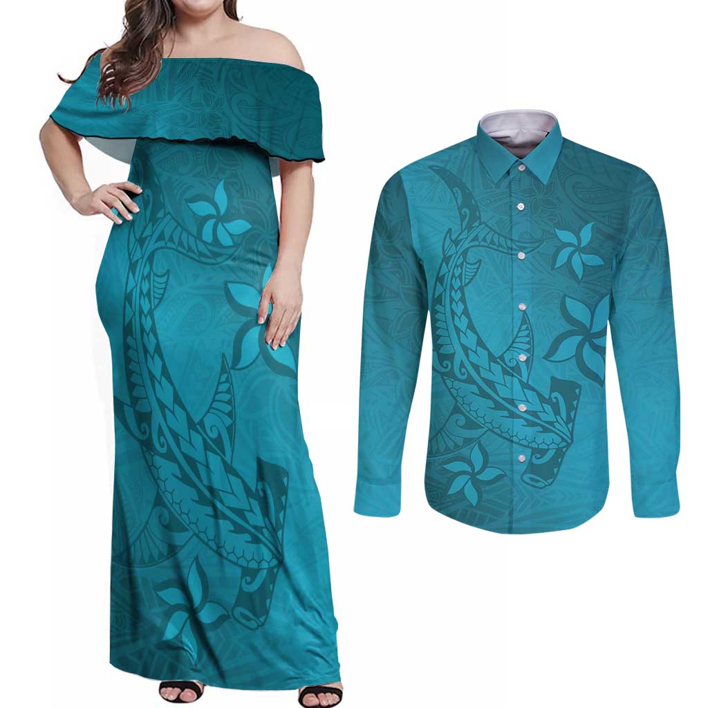 Dark Cyan Gradient Polynesia Couples Matching Off Shoulder Maxi Dress and Long Sleeve Button Shirt Hawaiian Tribal Hammerhead Shark Tattoo
