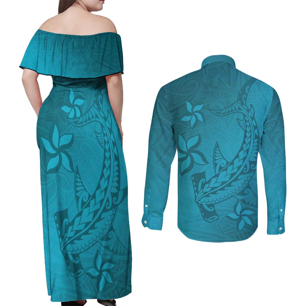 Dark Cyan Gradient Polynesia Couples Matching Off Shoulder Maxi Dress and Long Sleeve Button Shirt Hawaiian Tribal Hammerhead Shark Tattoo