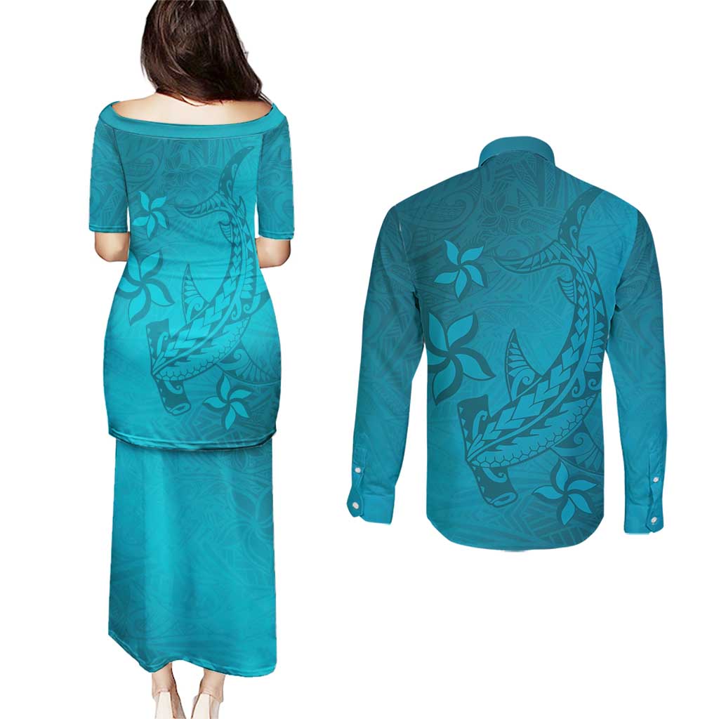 Dark Cyan Gradient Polynesia Couples Matching Puletasi and Long Sleeve Button Shirt Hawaiian Tribal Hammerhead Shark Tattoo