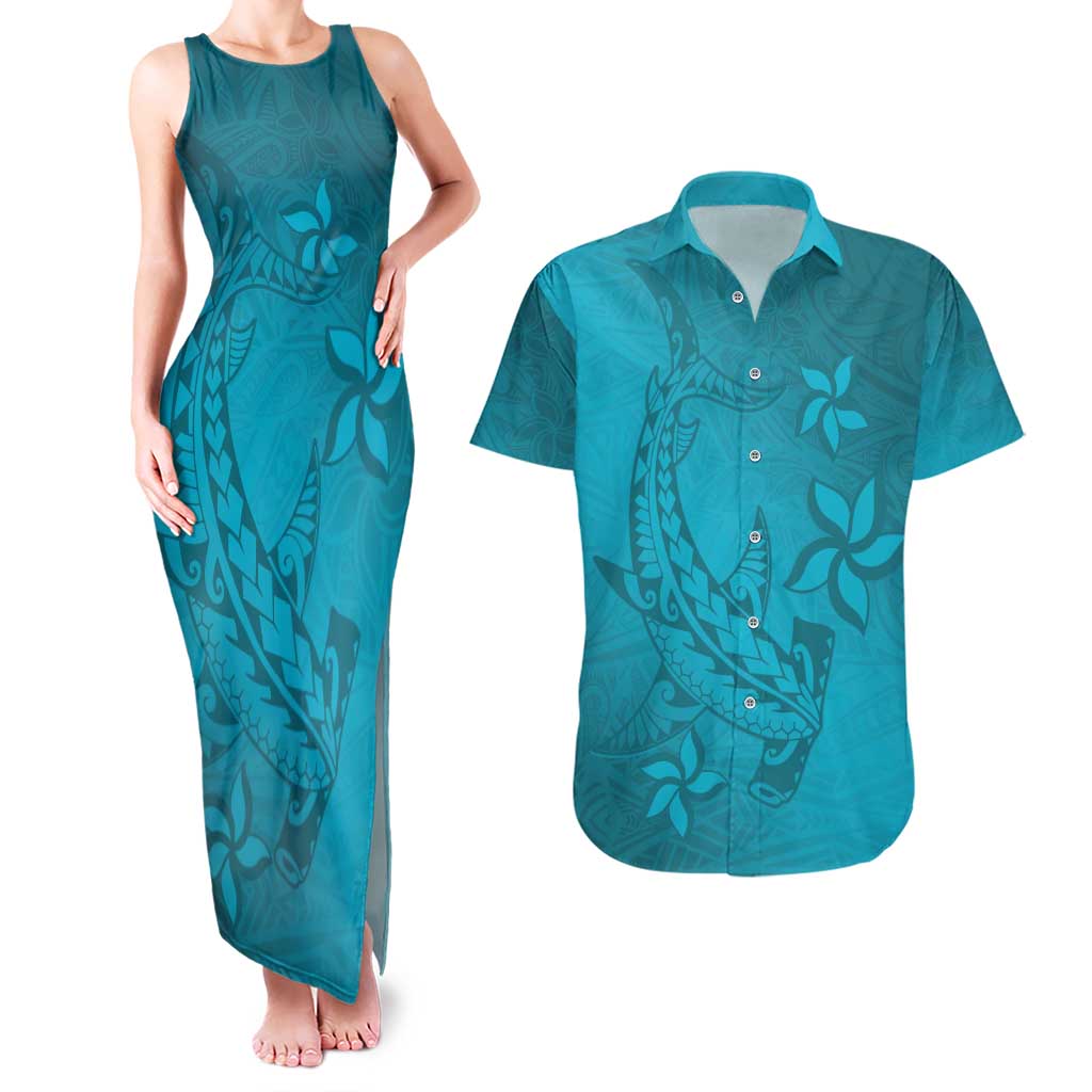 Dark Cyan Gradient Polynesia Couples Matching Tank Maxi Dress and Hawaiian Shirt Hawaiian Tribal Hammerhead Shark Tattoo