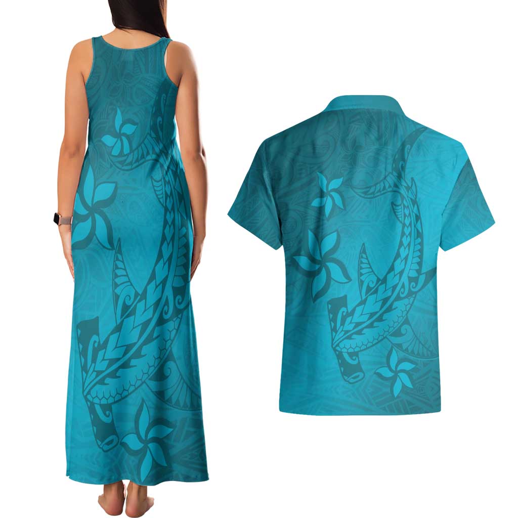 Dark Cyan Gradient Polynesia Couples Matching Tank Maxi Dress and Hawaiian Shirt Hawaiian Tribal Hammerhead Shark Tattoo