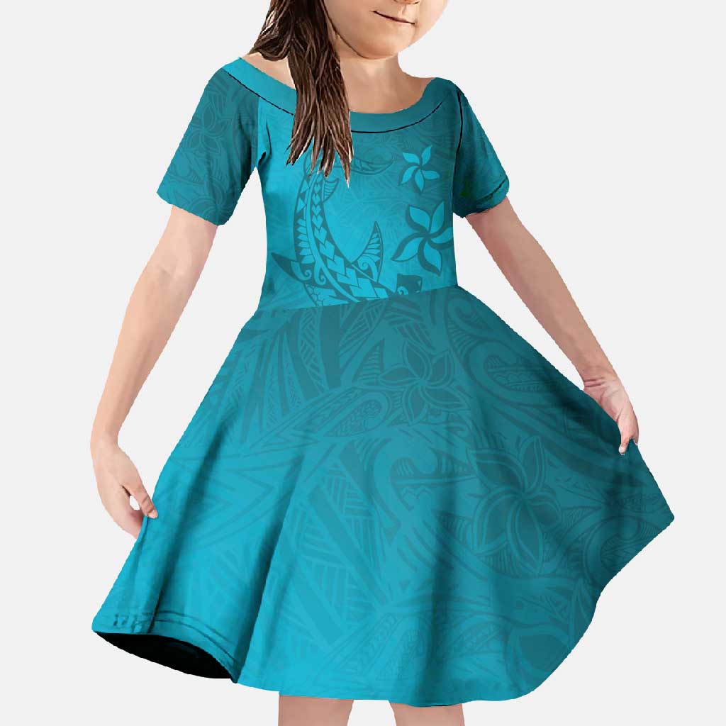 Dark Cyan Gradient Polynesia Family Matching Long Sleeve Bodycon Dress and Hawaiian Shirt Hawaiian Tribal Hammerhead Shark Tattoo LT14 Daughter's Dress Dark Cyan - Polynesian Pride