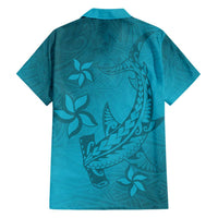 Dark Cyan Gradient Polynesia Family Matching Long Sleeve Bodycon Dress and Hawaiian Shirt Hawaiian Tribal Hammerhead Shark Tattoo LT14 - Polynesian Pride