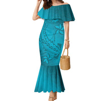 Dark Cyan Gradient Polynesia Family Matching Mermaid Dress and Hawaiian Shirt Hawaiian Tribal Hammerhead Shark Tattoo LT14 Mom's Dress Dark Cyan - Polynesian Pride