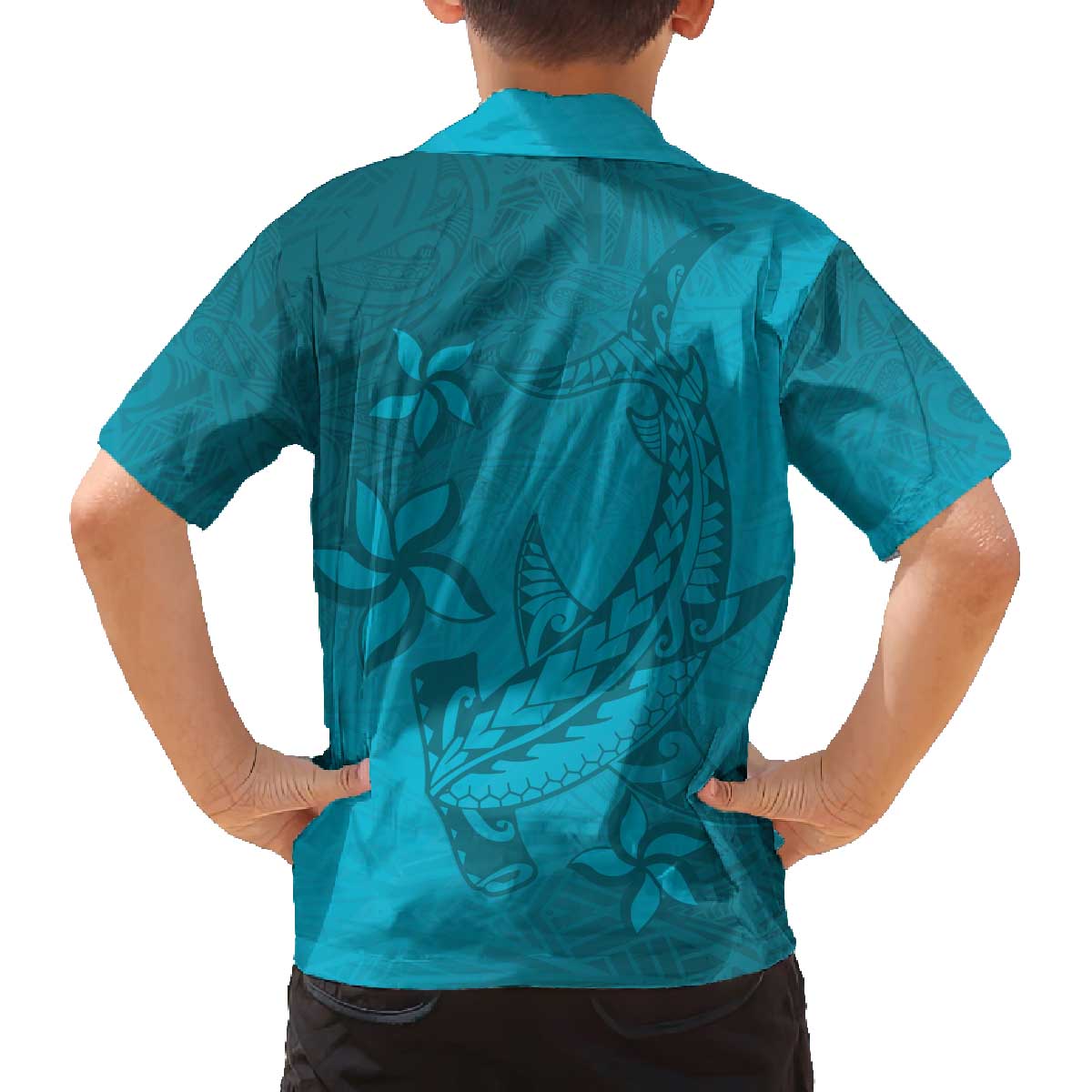 Dark Cyan Gradient Polynesia Family Matching Off The Shoulder Long Sleeve Dress and Hawaiian Shirt Hawaiian Tribal Hammerhead Shark Tattoo LT14 - Polynesian Pride