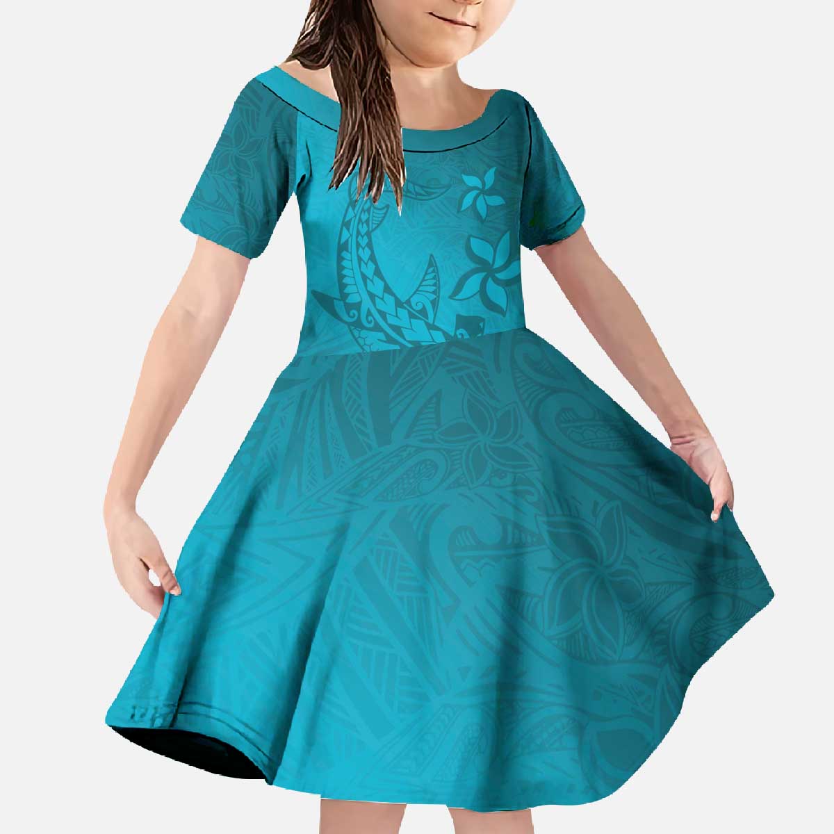 Dark Cyan Gradient Polynesia Family Matching Off The Shoulder Long Sleeve Dress and Hawaiian Shirt Hawaiian Tribal Hammerhead Shark Tattoo LT14 Daughter's Dress Dark Cyan - Polynesian Pride