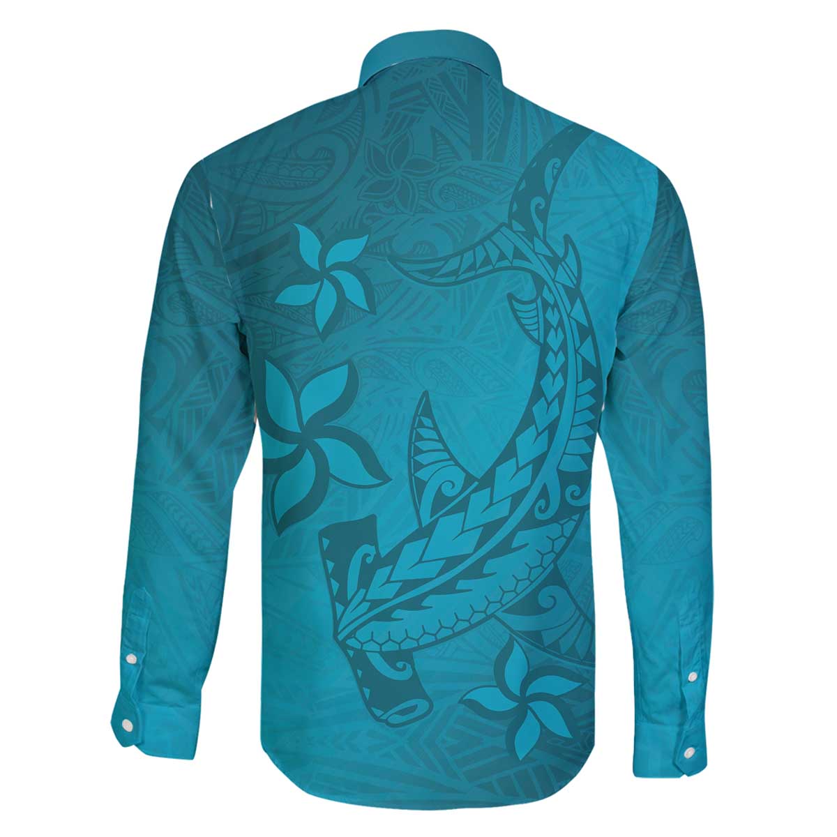 Dark Cyan Gradient Polynesia Family Matching Off The Shoulder Long Sleeve Dress and Hawaiian Shirt Hawaiian Tribal Hammerhead Shark Tattoo LT14 - Polynesian Pride