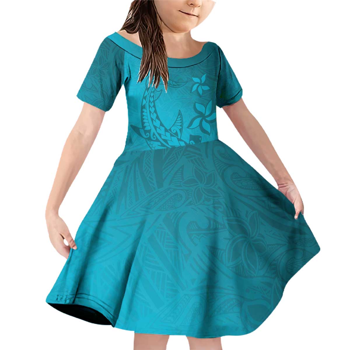 Dark Cyan Gradient Polynesia Family Matching Off Shoulder Short Dress and Hawaiian Shirt Hawaiian Tribal Hammerhead Shark Tattoo LT14 Daughter's Dress Dark Cyan - Polynesian Pride