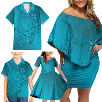 Dark Cyan Gradient Polynesia Family Matching Off Shoulder Short Dress and Hawaiian Shirt Hawaiian Tribal Hammerhead Shark Tattoo LT14 - Polynesian Pride