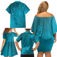 Dark Cyan Gradient Polynesia Family Matching Off Shoulder Short Dress and Hawaiian Shirt Hawaiian Tribal Hammerhead Shark Tattoo LT14 - Polynesian Pride