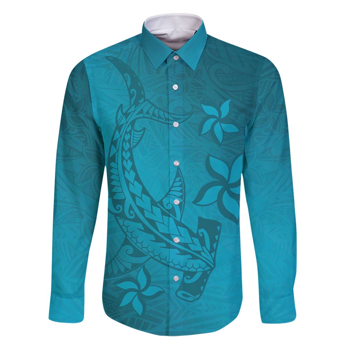 Dark Cyan Gradient Polynesia Family Matching Off Shoulder Short Dress and Hawaiian Shirt Hawaiian Tribal Hammerhead Shark Tattoo LT14 Dad's Shirt - Long Sleeve Dark Cyan - Polynesian Pride