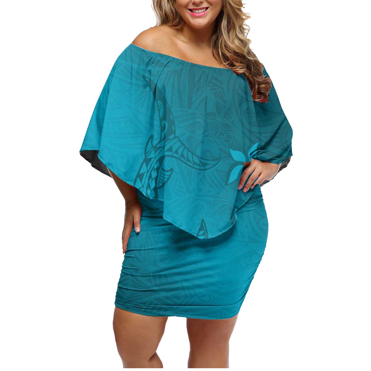 Dark Cyan Gradient Polynesia Family Matching Off Shoulder Short Dress and Hawaiian Shirt Hawaiian Tribal Hammerhead Shark Tattoo LT14 Mom's Dress Dark Cyan - Polynesian Pride