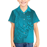 Dark Cyan Gradient Polynesia Family Matching Off Shoulder Short Dress and Hawaiian Shirt Hawaiian Tribal Hammerhead Shark Tattoo LT14 Son's Shirt Dark Cyan - Polynesian Pride