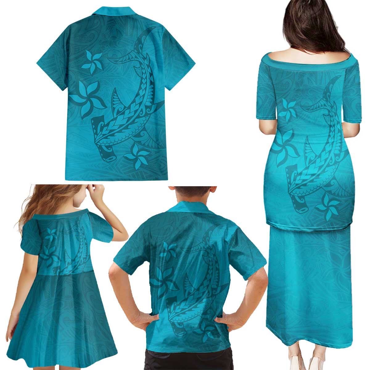 Dark Cyan Gradient Polynesia Family Matching Puletasi and Hawaiian Shirt Hawaiian Tribal Hammerhead Shark Tattoo
