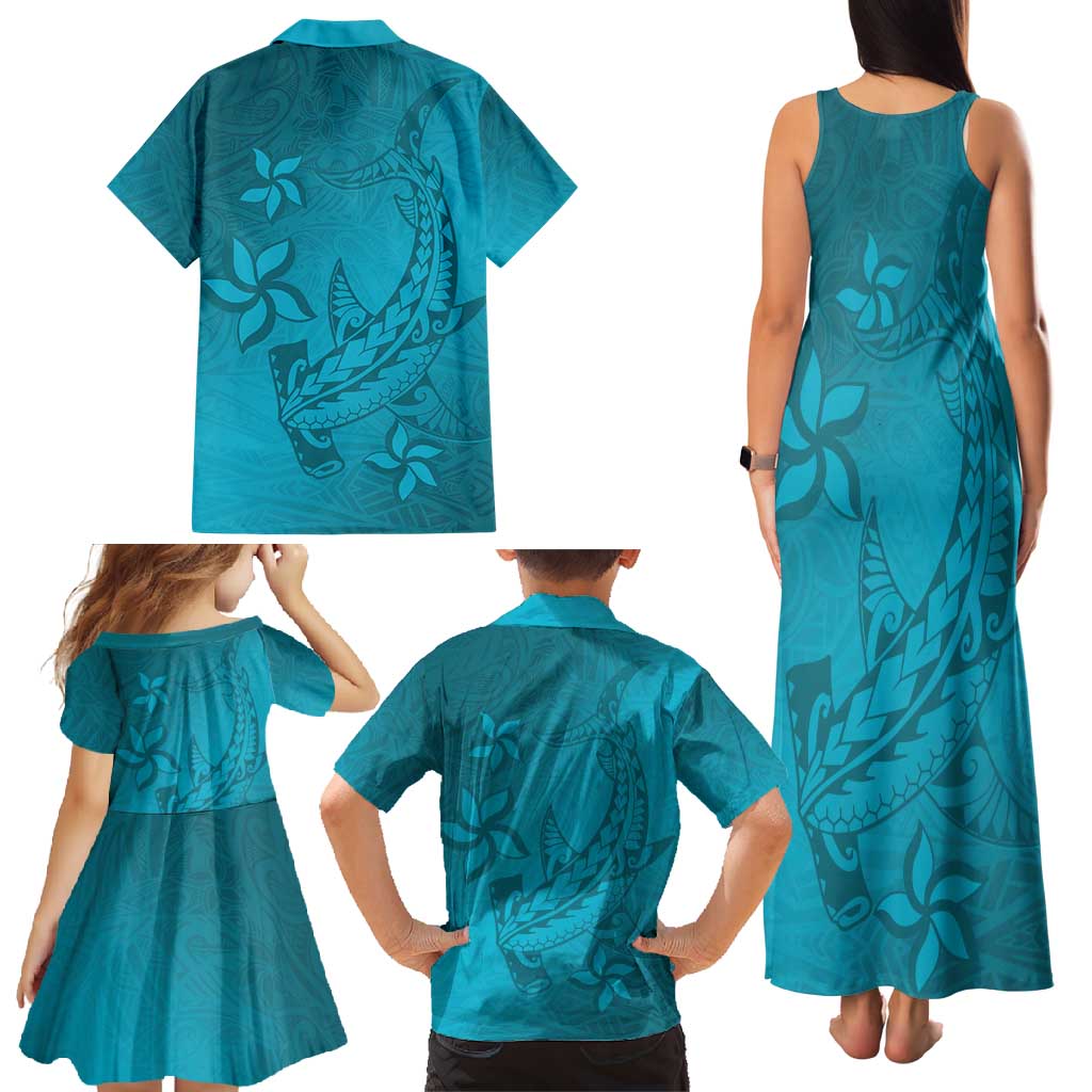Dark Cyan Gradient Polynesia Family Matching Tank Maxi Dress and Hawaiian Shirt Hawaiian Tribal Hammerhead Shark Tattoo LT14 - Polynesian Pride