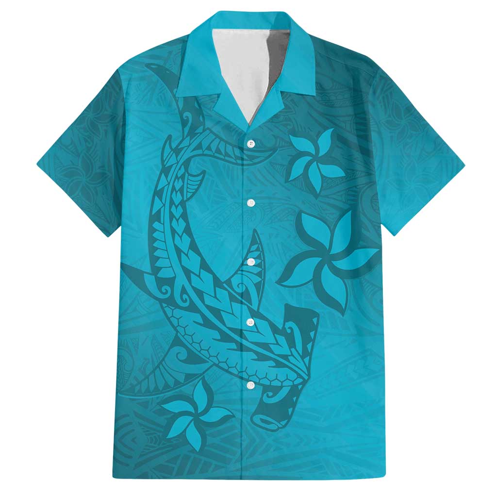 Dark Cyan Gradient Polynesia Family Matching Tank Maxi Dress and Hawaiian Shirt Hawaiian Tribal Hammerhead Shark Tattoo LT14 Dad's Shirt - Short Sleeve Dark Cyan - Polynesian Pride