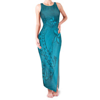 Dark Cyan Gradient Polynesia Family Matching Tank Maxi Dress and Hawaiian Shirt Hawaiian Tribal Hammerhead Shark Tattoo LT14 Mom's Dress Dark Cyan - Polynesian Pride