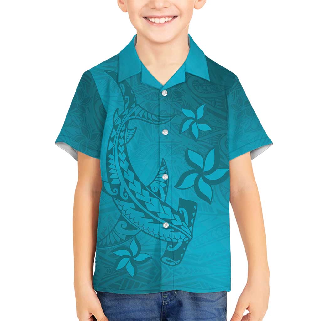 Dark Cyan Gradient Polynesia Family Matching Tank Maxi Dress and Hawaiian Shirt Hawaiian Tribal Hammerhead Shark Tattoo LT14 Son's Shirt Dark Cyan - Polynesian Pride