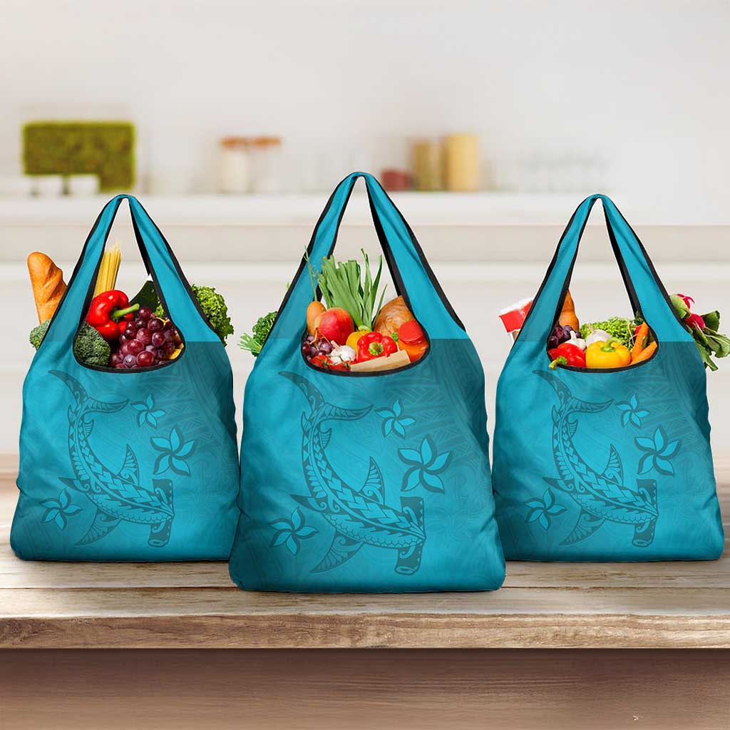 Dark Cyan Gradient Polynesia Grocery Bag Hawaiian Tribal Hammerhead Shark Tattoo