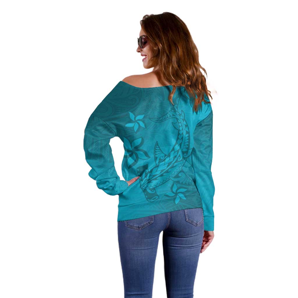 Dark Cyan Gradient Polynesia Off Shoulder Sweater Hawaiian Tribal Hammerhead Shark Tattoo