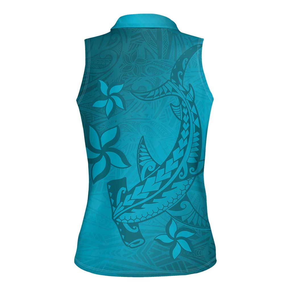 Dark Cyan Gradient Polynesia Women Sleeveless Polo Shirt Hawaiian Tribal Hammerhead Shark Tattoo