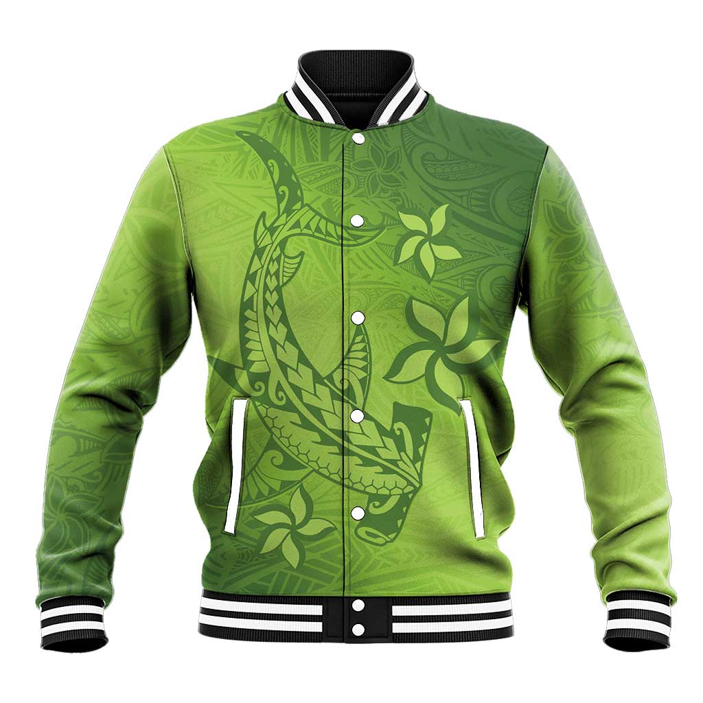 Green Gradient Polynesia Baseball Jacket Hawaiian Tribal Hammerhead Shark Tattoo