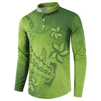 Green Gradient Polynesia Button Sweatshirt Hawaiian Tribal Hammerhead Shark Tattoo