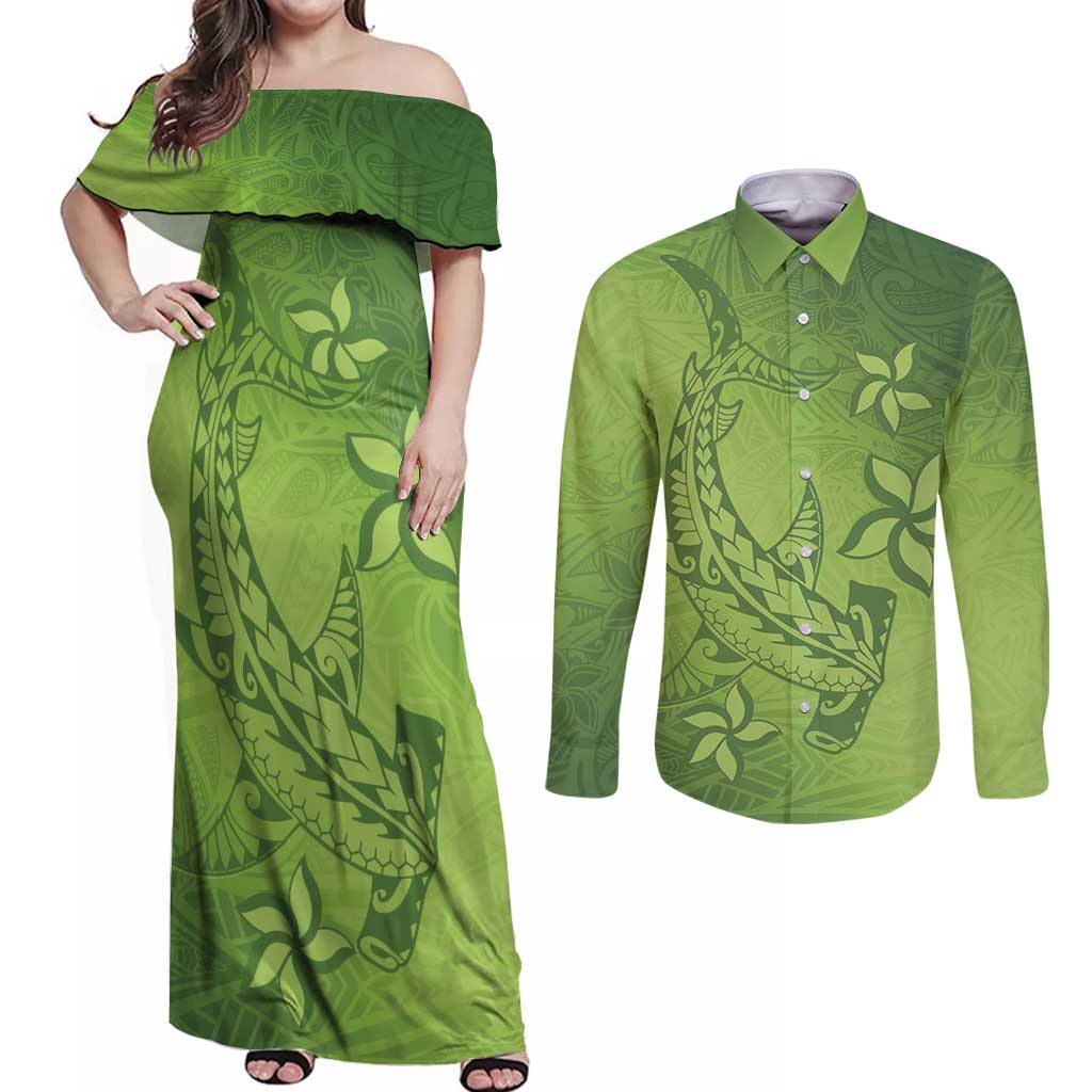 Green Gradient Polynesia Couples Matching Off Shoulder Maxi Dress and Long Sleeve Button Shirt Hawaiian Tribal Hammerhead Shark Tattoo