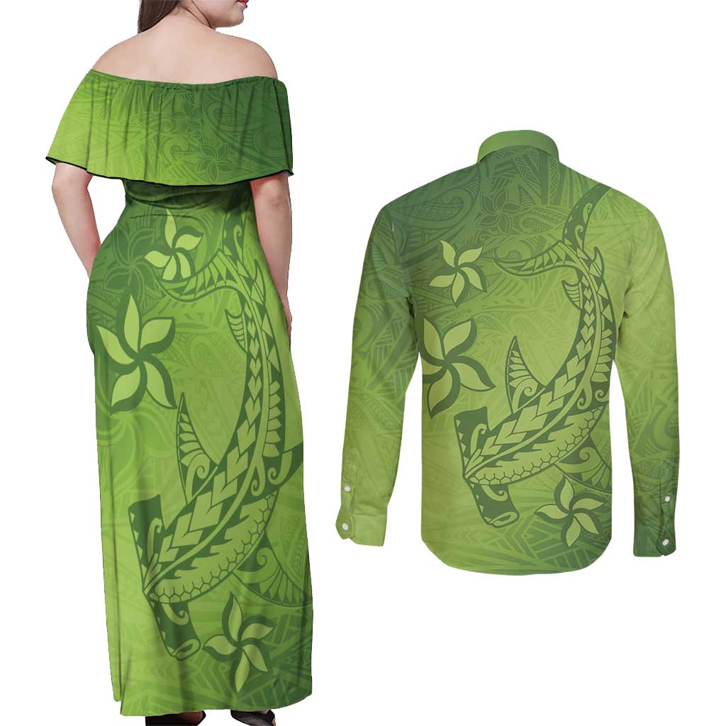 Green Gradient Polynesia Couples Matching Off Shoulder Maxi Dress and Long Sleeve Button Shirt Hawaiian Tribal Hammerhead Shark Tattoo