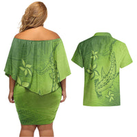 Green Gradient Polynesia Couples Matching Off Shoulder Short Dress and Hawaiian Shirt Hawaiian Tribal Hammerhead Shark Tattoo