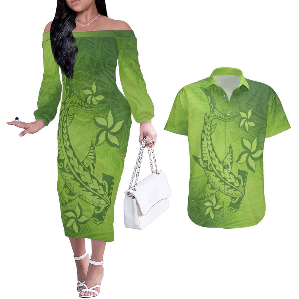 Green Gradient Polynesia Couples Matching Off The Shoulder Long Sleeve Dress and Hawaiian Shirt Hawaiian Tribal Hammerhead Shark Tattoo