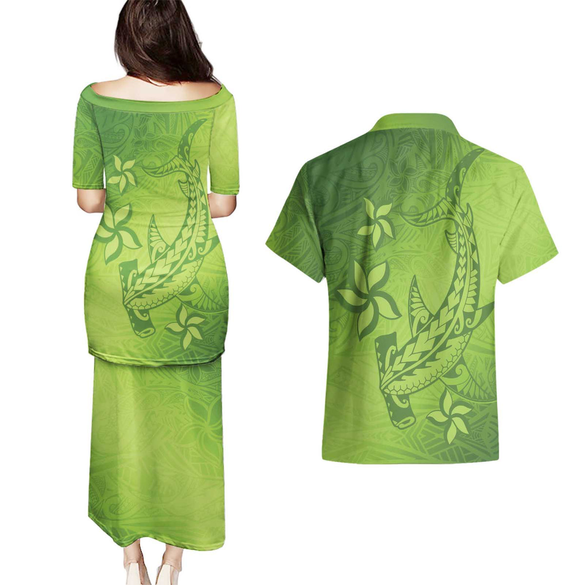 Green Gradient Polynesia Couples Matching Puletasi and Hawaiian Shirt Hawaiian Tribal Hammerhead Shark Tattoo