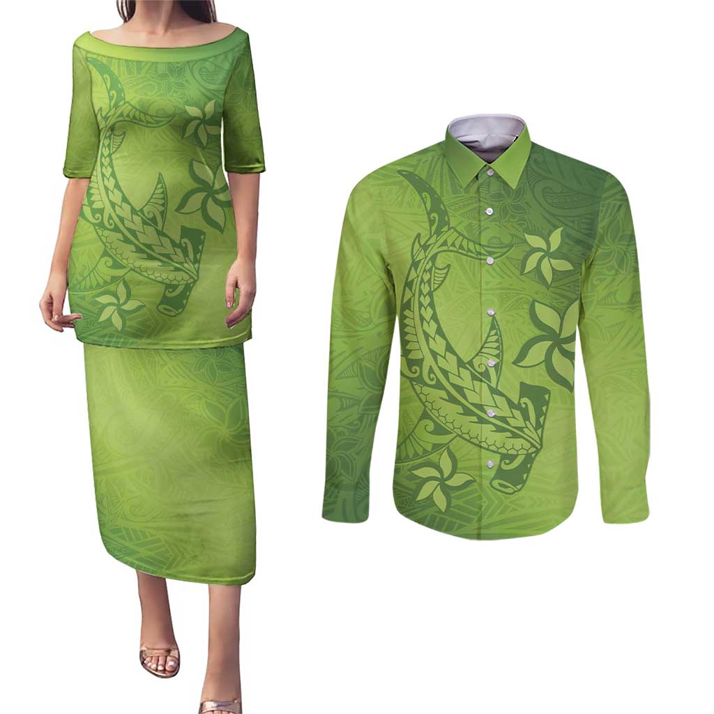 Green Gradient Polynesia Couples Matching Puletasi and Long Sleeve Button Shirt Hawaiian Tribal Hammerhead Shark Tattoo
