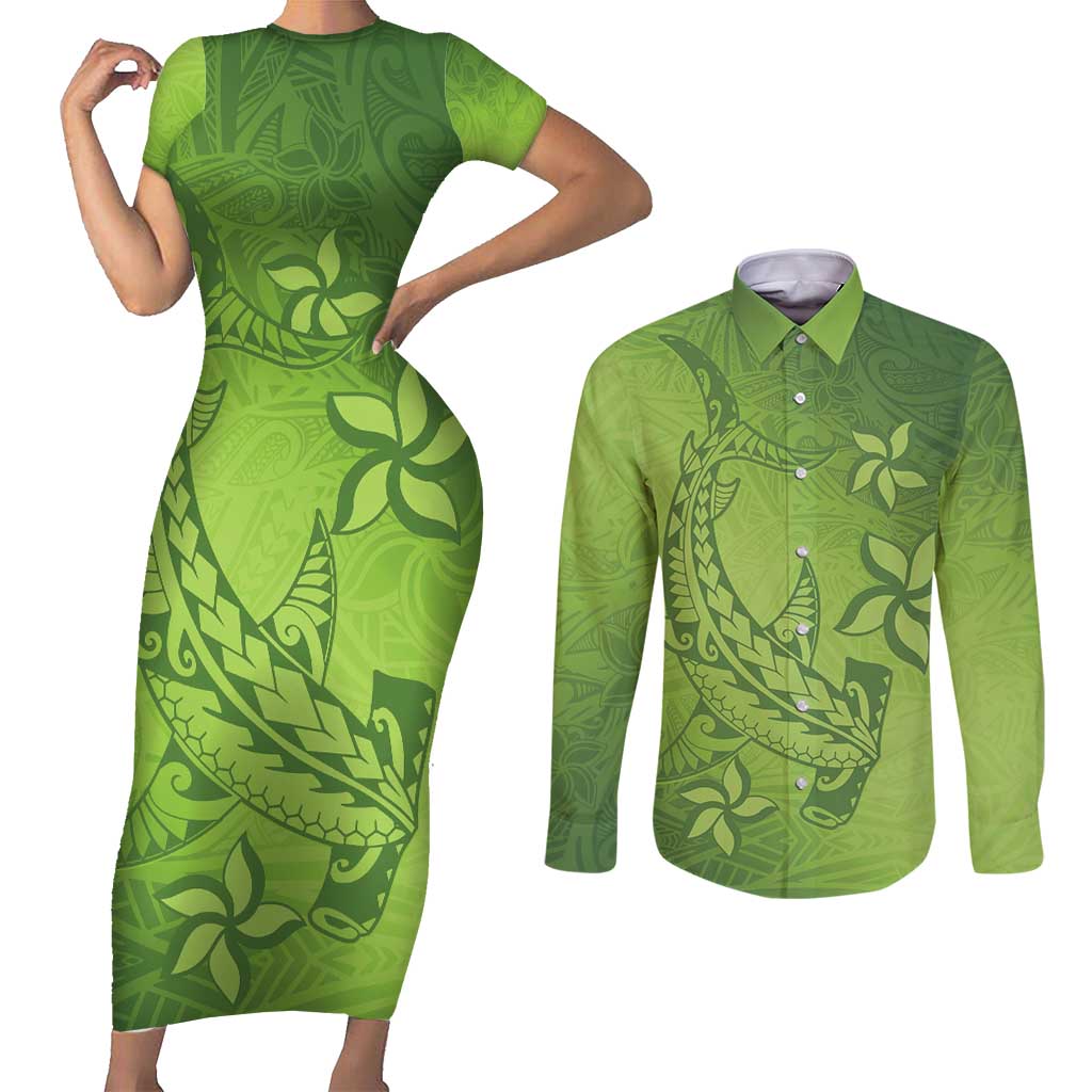 Green Gradient Polynesia Couples Matching Short Sleeve Bodycon Dress and Long Sleeve Button Shirt Hawaiian Tribal Hammerhead Shark Tattoo