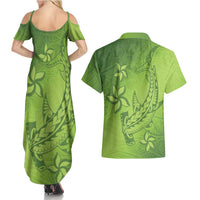 Green Gradient Polynesia Couples Matching Summer Maxi Dress and Hawaiian Shirt Hawaiian Tribal Hammerhead Shark Tattoo