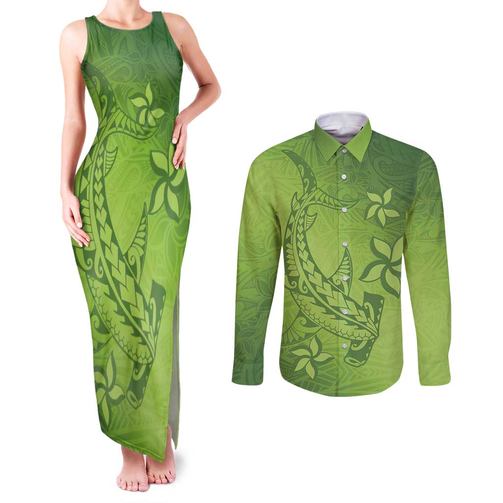 Green Gradient Polynesia Couples Matching Tank Maxi Dress and Long Sleeve Button Shirt Hawaiian Tribal Hammerhead Shark Tattoo