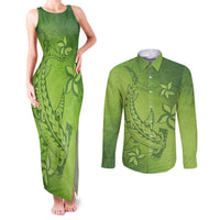 Green Gradient Polynesia Couples Matching Tank Maxi Dress and Long Sleeve Button Shirt Hawaiian Tribal Hammerhead Shark Tattoo