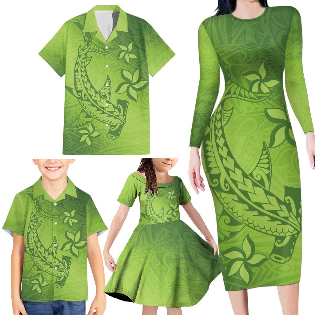 Green Gradient Polynesia Family Matching Long Sleeve Bodycon Dress and Hawaiian Shirt Hawaiian Tribal Hammerhead Shark Tattoo LT14 - Polynesian Pride