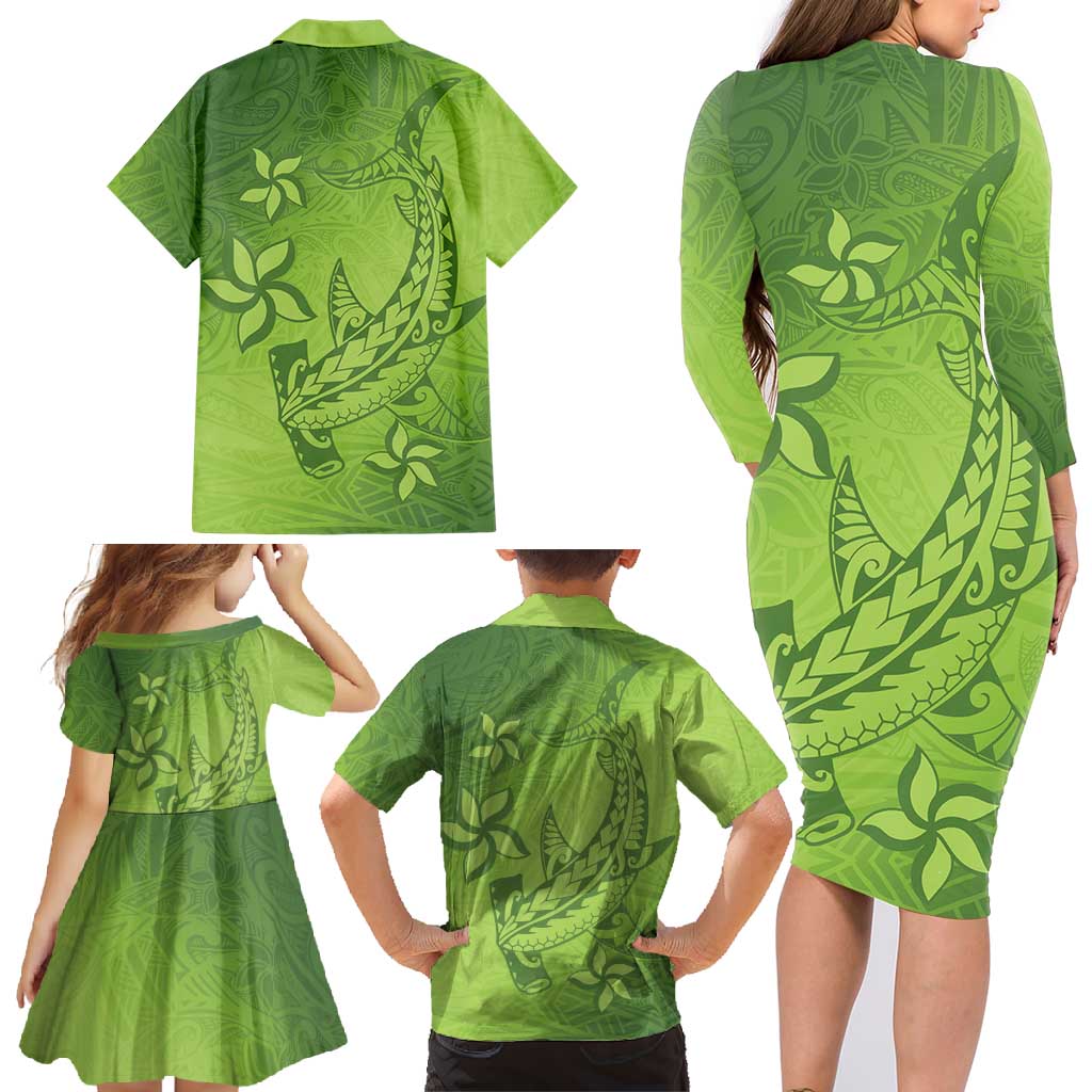 Green Gradient Polynesia Family Matching Long Sleeve Bodycon Dress and Hawaiian Shirt Hawaiian Tribal Hammerhead Shark Tattoo LT14 - Polynesian Pride